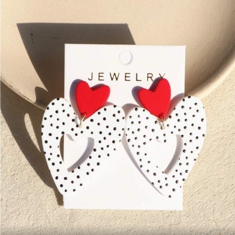 ✨NEW Valentines polka dot Red and White Heart Earrings